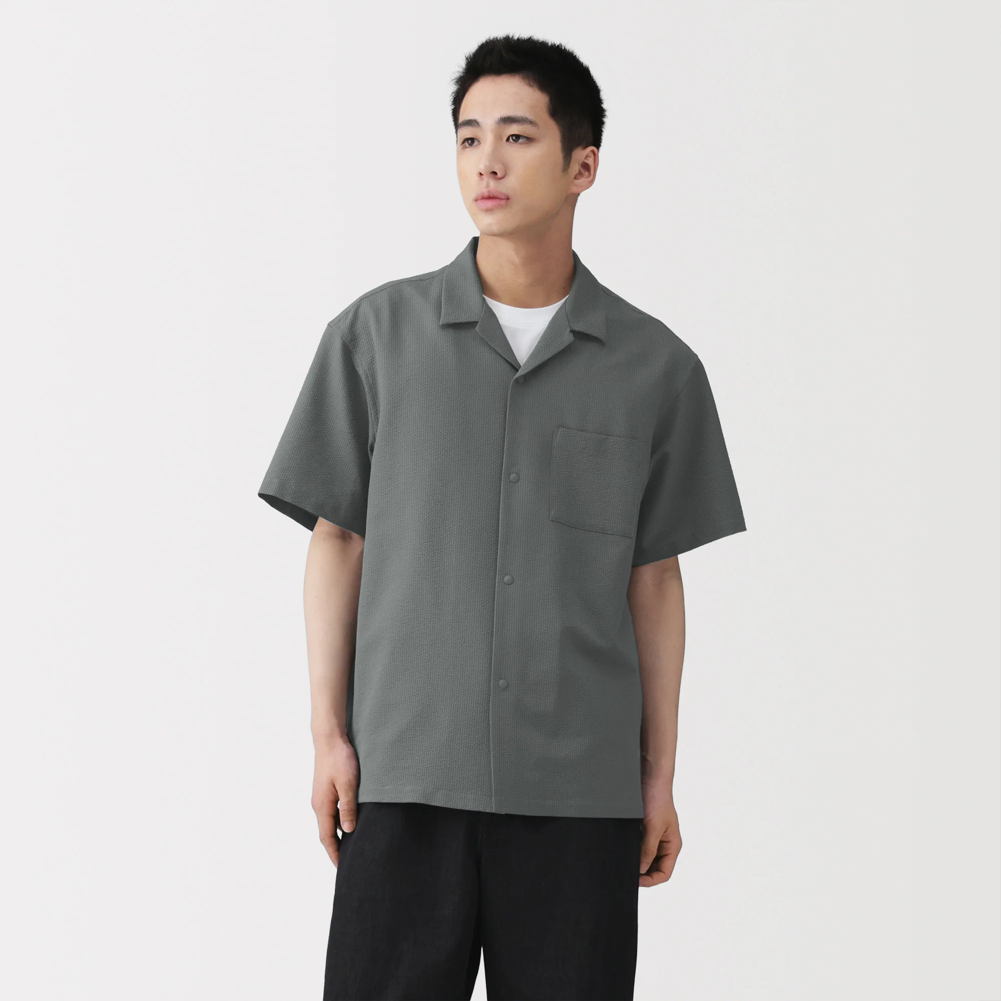Breathable Seersucker Open Collar Shirt - Image 11