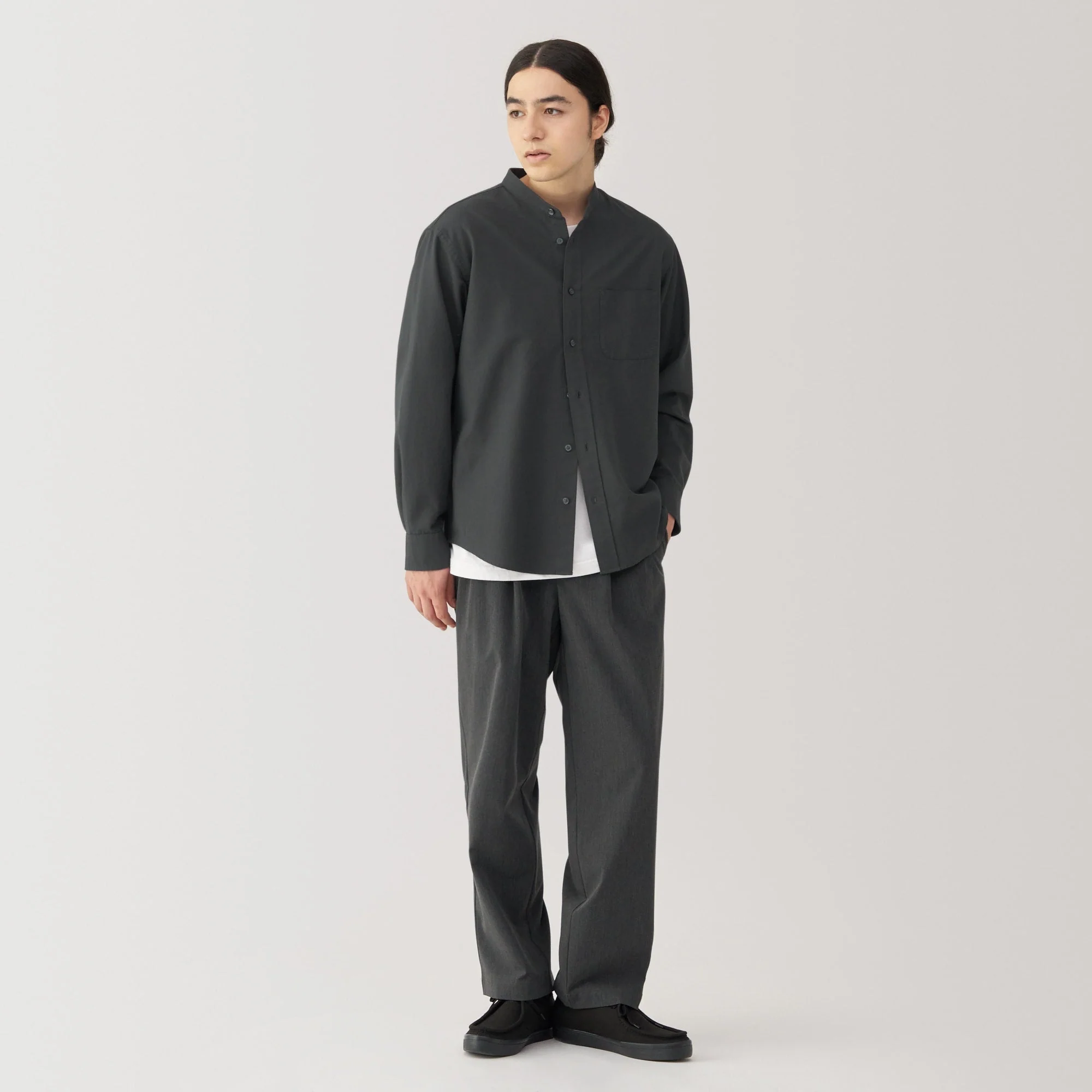 Men's Washed Oxford Stand Collar Long Sleeve Shirt - Image 12