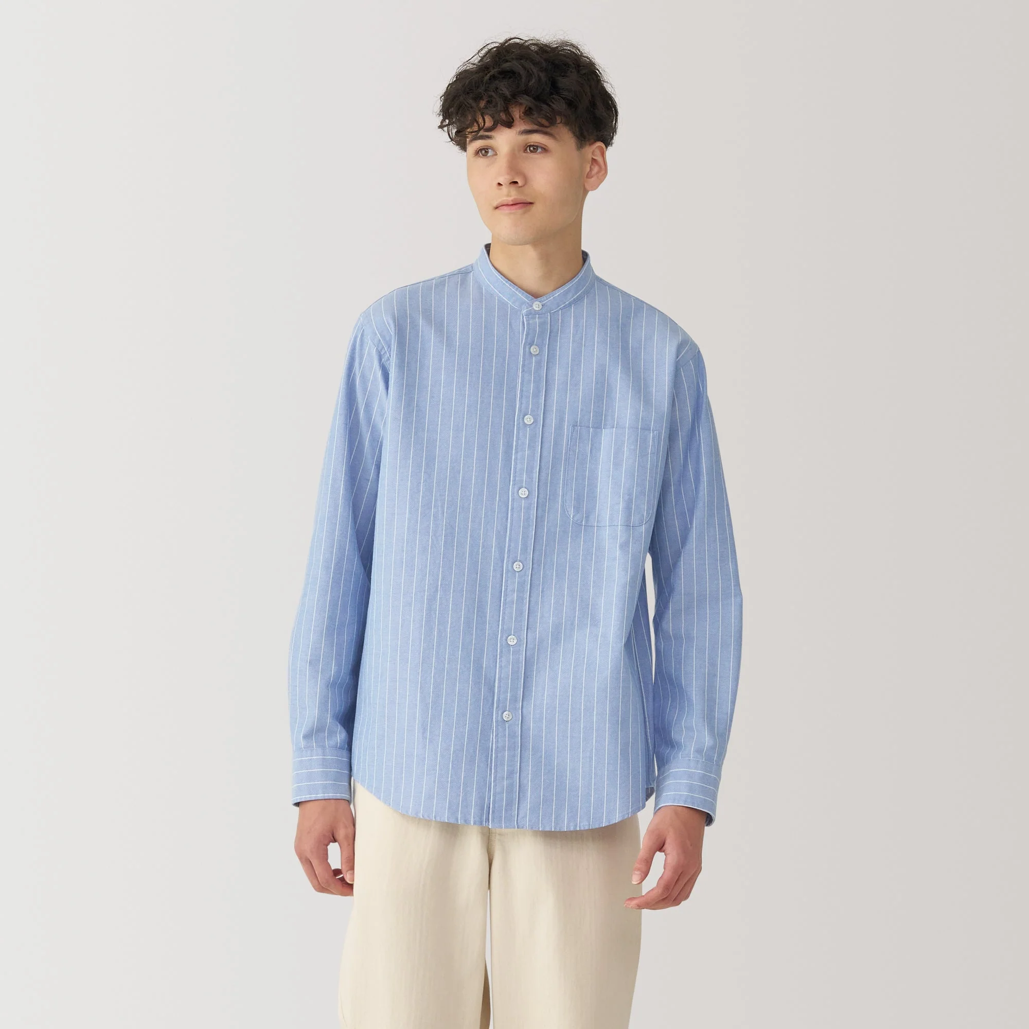 Men's Washed Oxford Stand Collar Long Sleeve Striped Shirt