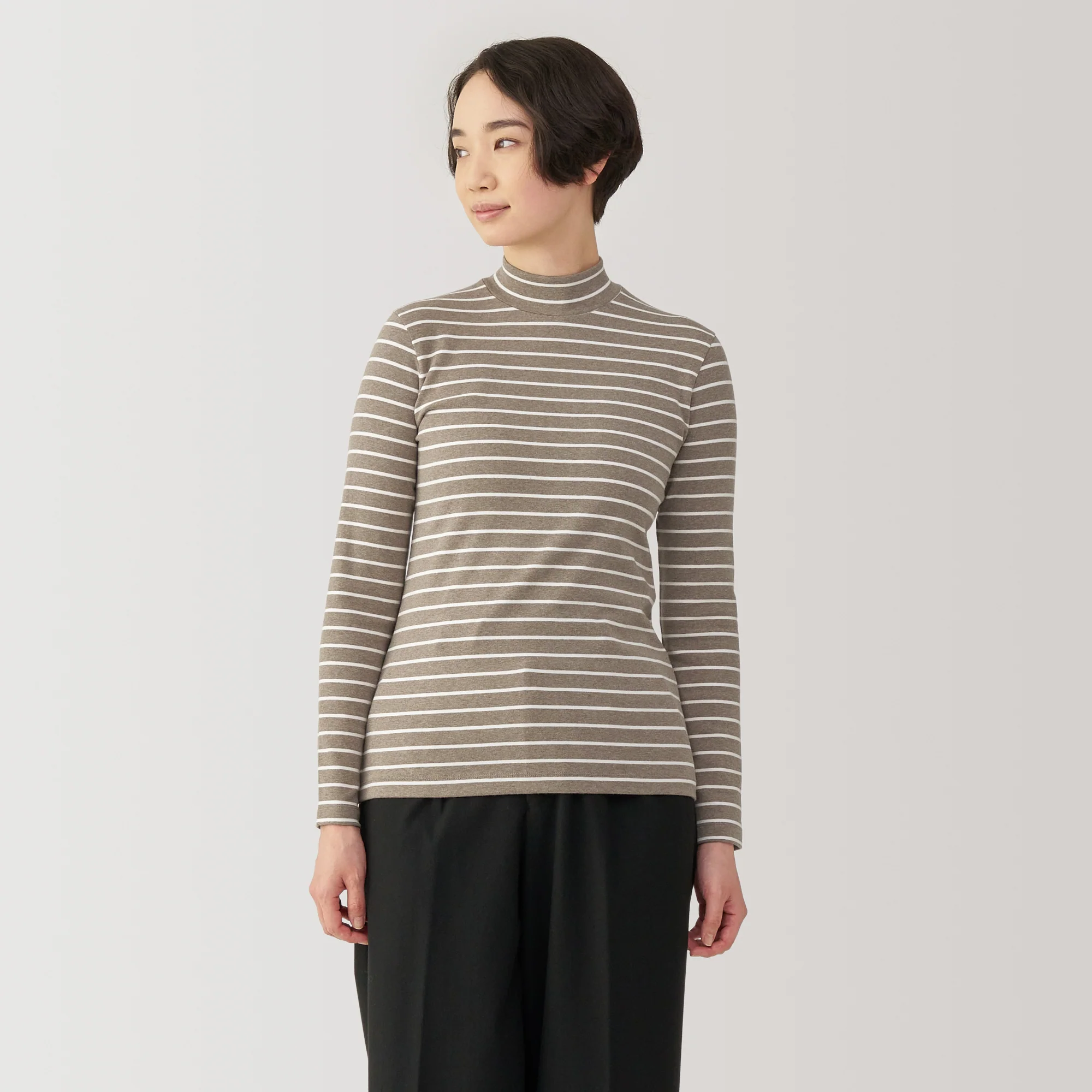 Women's Brushed Ribbed High Neck Long Sleeve Striped T-Shirt - Image 19