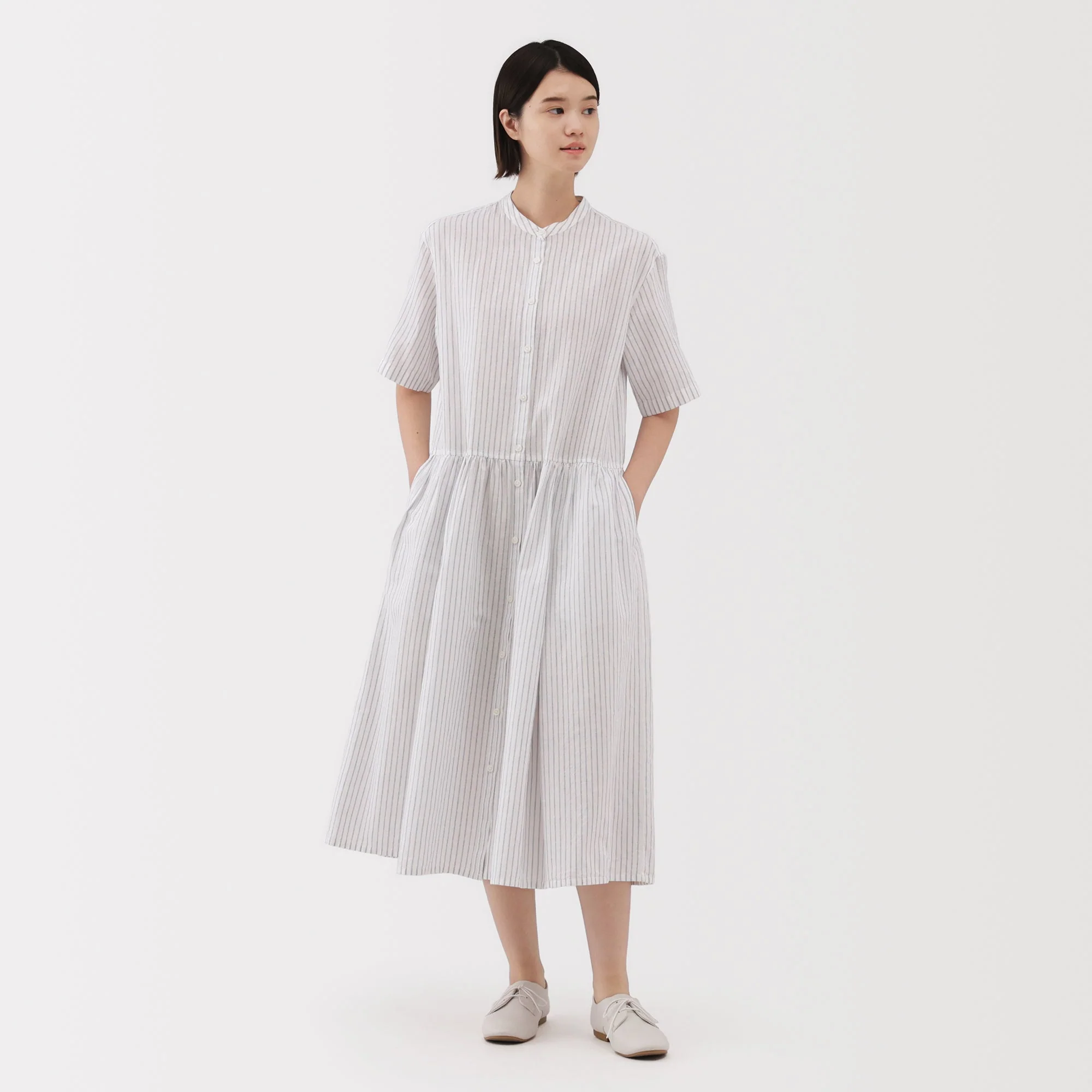 Women's Hemp Cotton Short Sleeve Striped Dress - Image 3