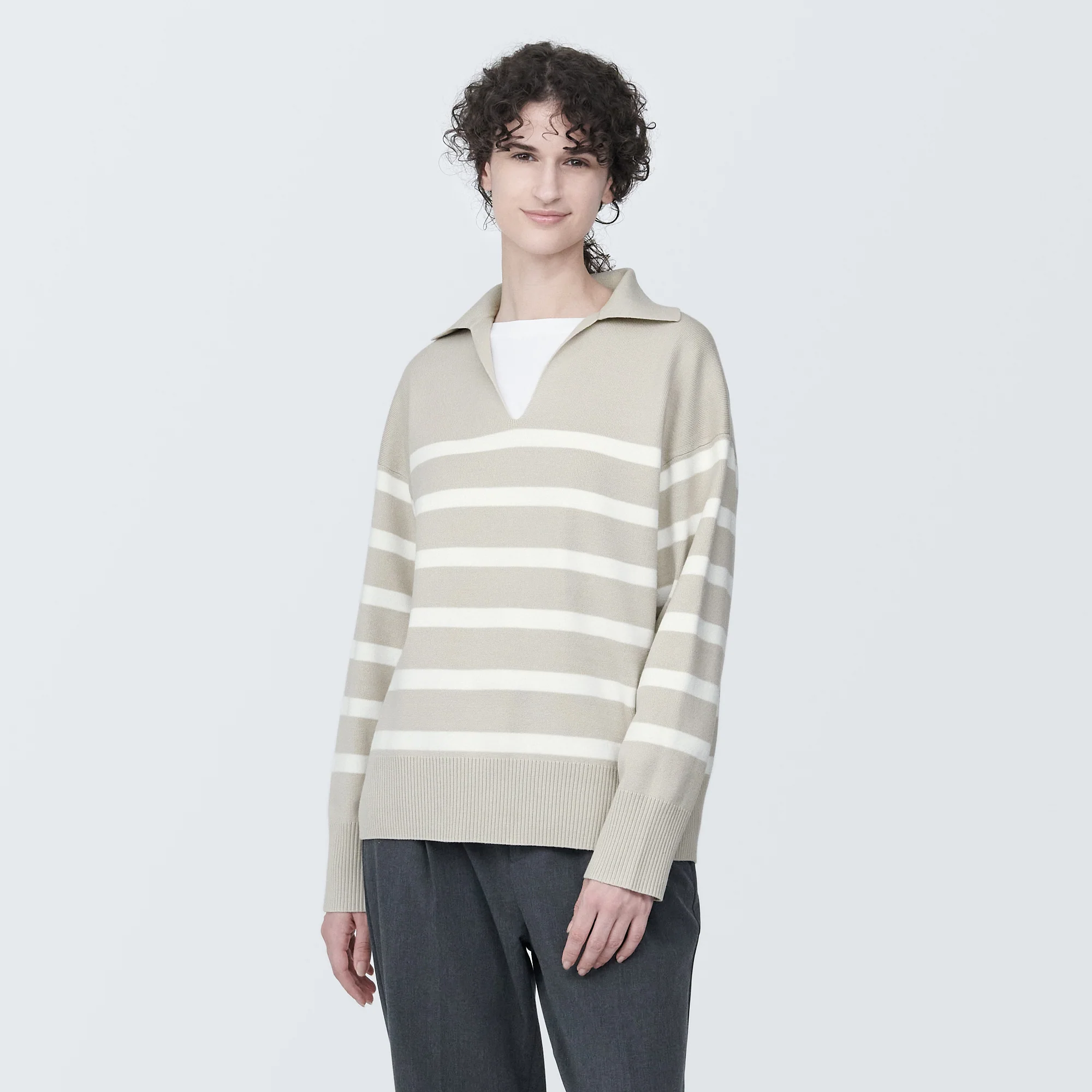 Women's Washable Milano Rib Knit Striped Skipper Polo Sweater
