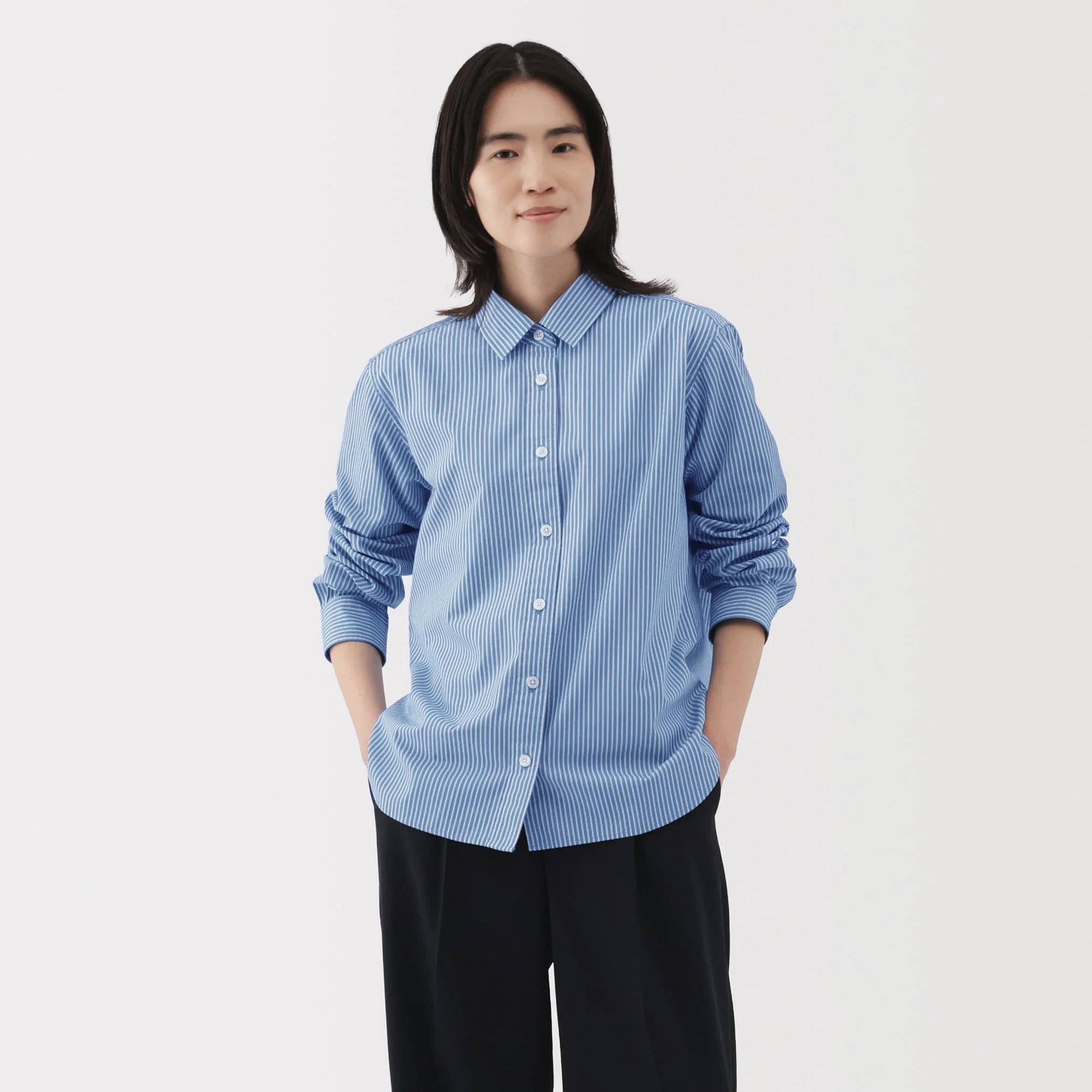 Women's Washed Broadcloth Regular Collar Long Sleeve Striped Shirt - Image 39