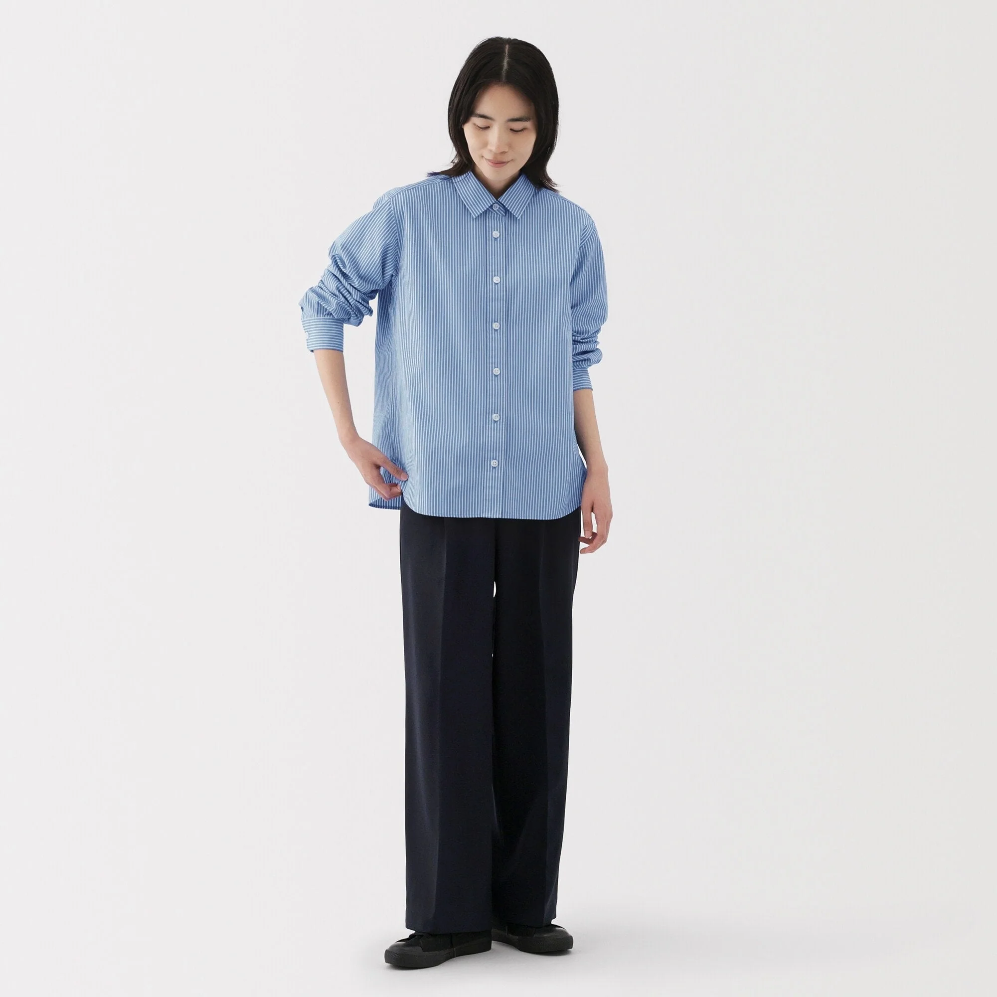 Women's Washed Broadcloth Regular Collar Long Sleeve Striped Shirt - Image 40